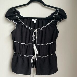 Kirious Black Ruffle Tie Front Top Coquette Babydoll Cottagecore XS
